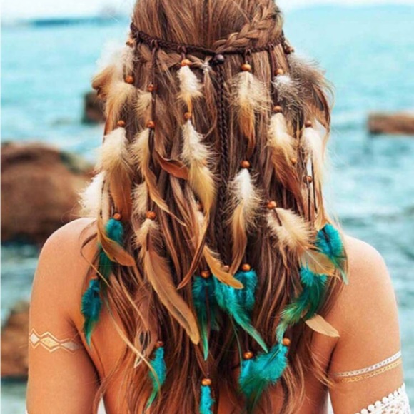 Rebellious Rose Accessories - 1pc Bohemian Style Colorful Feather Headband, Handmade Feather Hair Access.